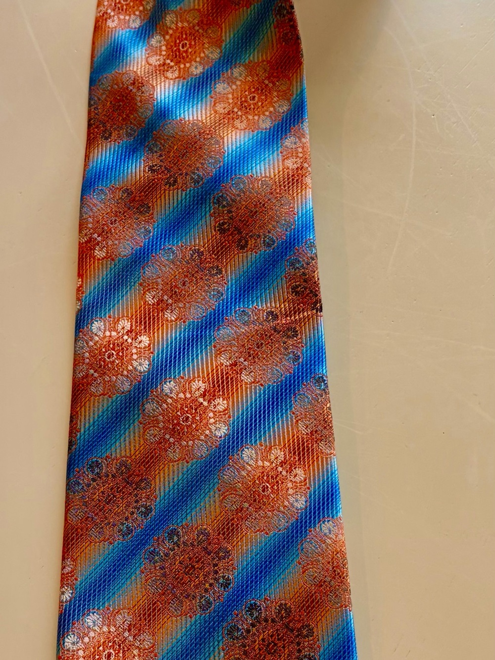 Stacy Adams Medallion Striped Silk-Blend Tie Orange & Blue - VGUC
